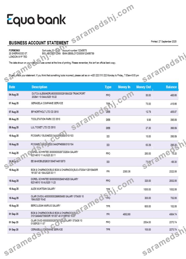Equabank bank firm account statement Word and PDF template